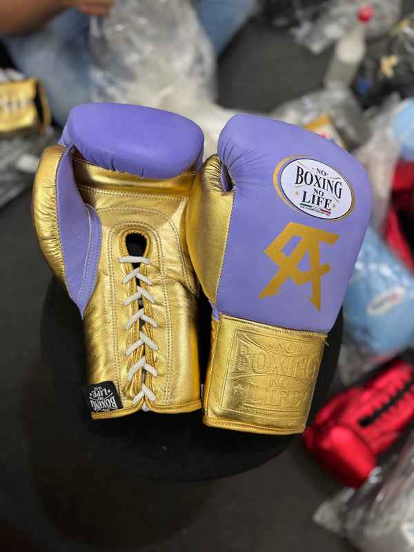 No Boxing No Life Boxing Gloves - Professional Lace-Up Training & Fight Gloves | Purple & Gold Edition | Sizes 8oz–18oz - PunchPro Boxing