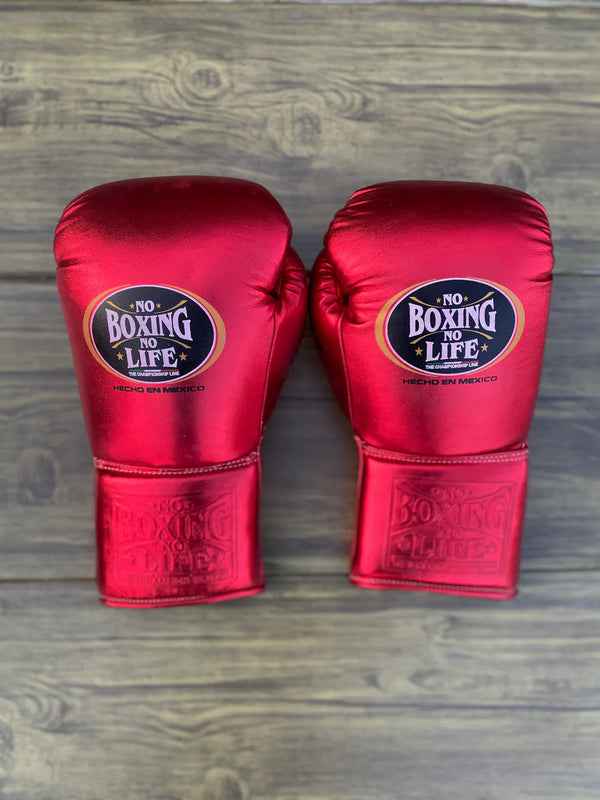 No Boxing No Life Professional Lace-Up Boxing Gloves - Metallic Red Edition - PunchPro Boxing