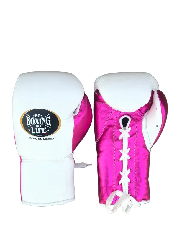 No Boxing No Life Boxing Gloves - Professional Lace-Up White & Metallic Pink Edition
