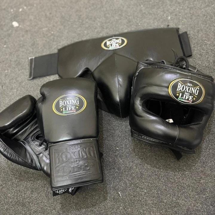 No Boxing No Life Gloves Set - Professional Gloves, Headguard, and Groinguard Set - Triple Black Custom Edition