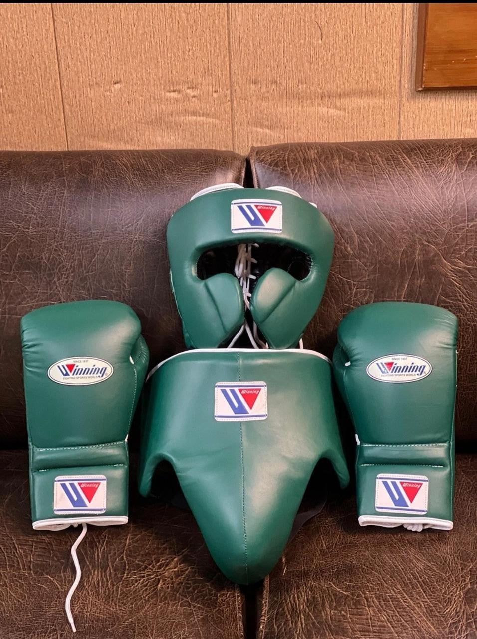 Winning Boxing Training Set - Forest Green (Gloves, Headgear & Groin Guard)