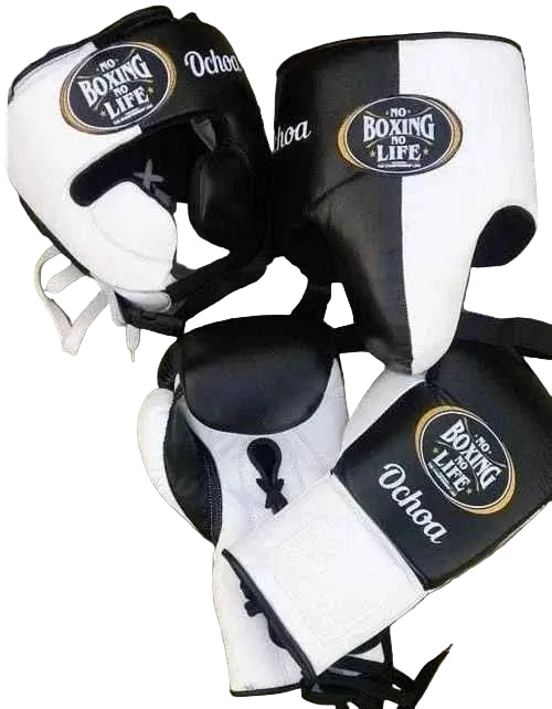 No Boxing No Life Professional Gloves, Headguard, and Groinguard Set - Black & White Custom Edition - PunchPro Boxing