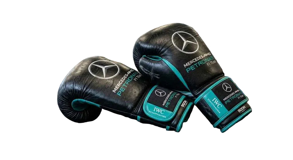 Mercedes-AMG F1  Professional Lace-Up Boxing Gloves - Stealth Black & Petronas Teal - PunchPro Boxing