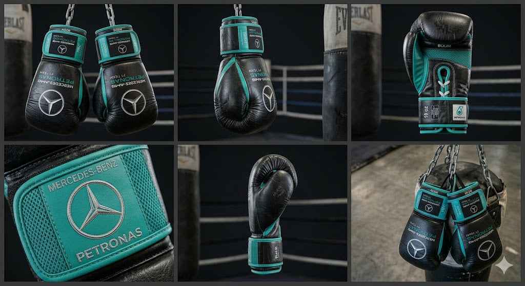 Mercedes-AMG F1  Professional Lace-Up Boxing Gloves - Stealth Black & Petronas Teal - PunchPro Boxing